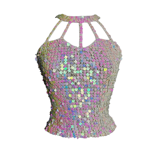 Open back in silk embroidered with sequins