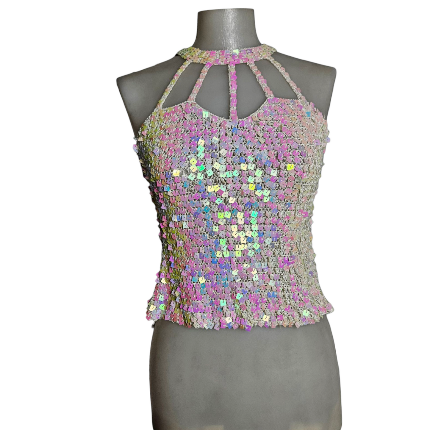 Open back in silk embroidered with sequins