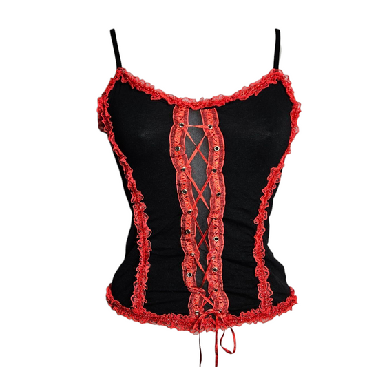 Black tank top with red lacing