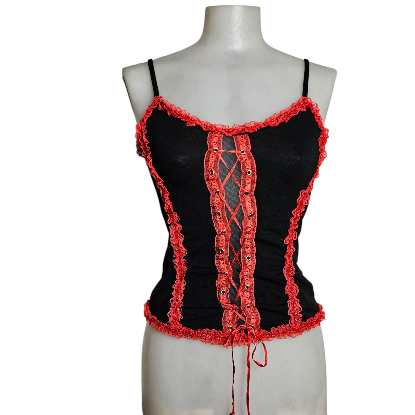 Black tank top with red lacing