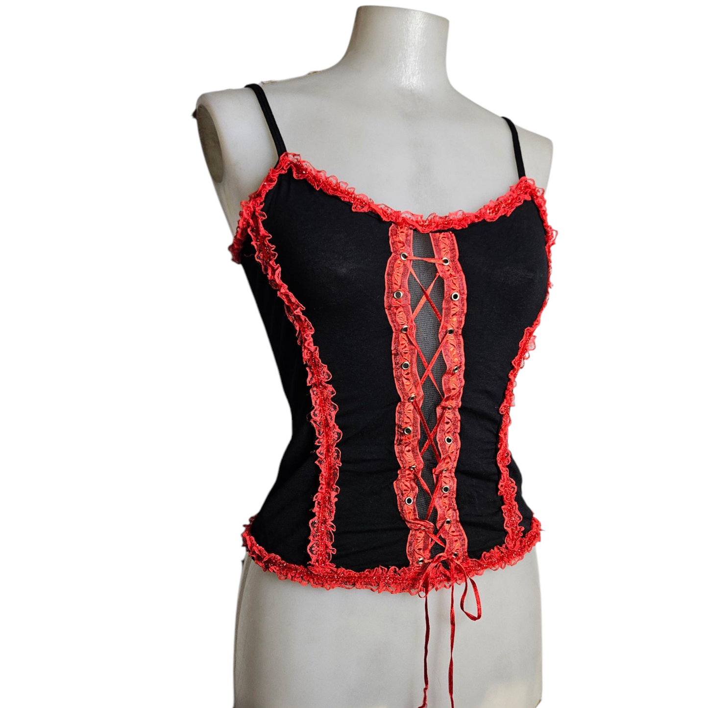 Black tank top with red lacing