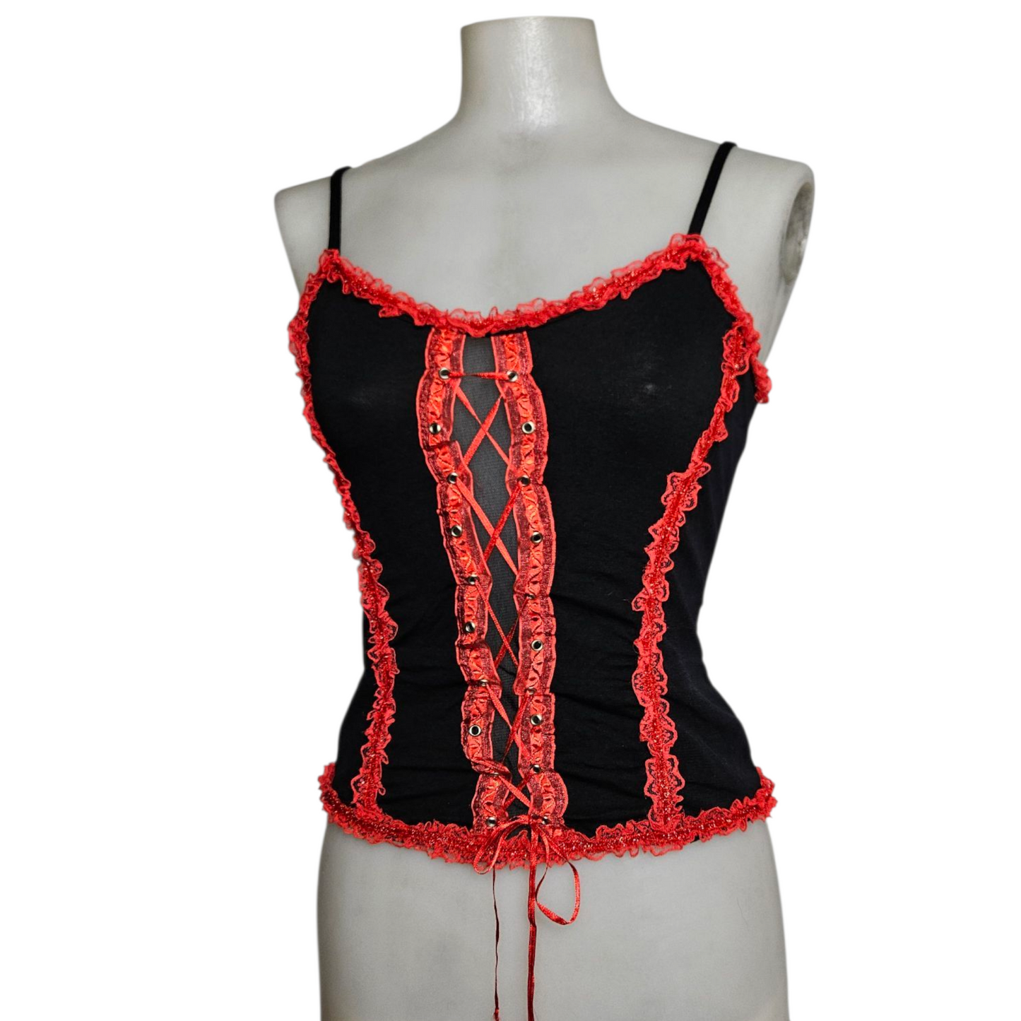Black tank top with red lacing