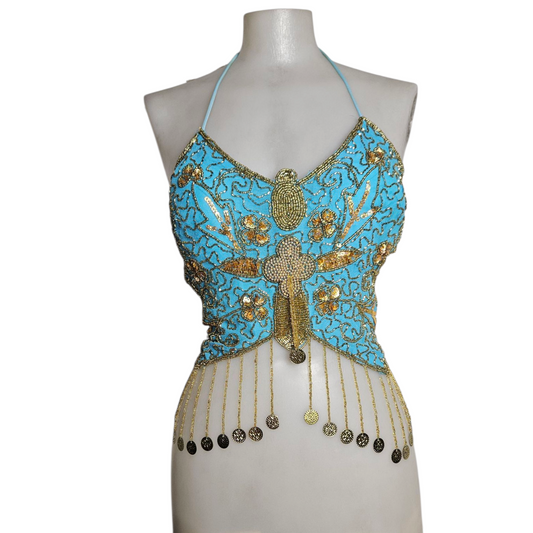 Open back butterfly embroidered with pearls and sequins