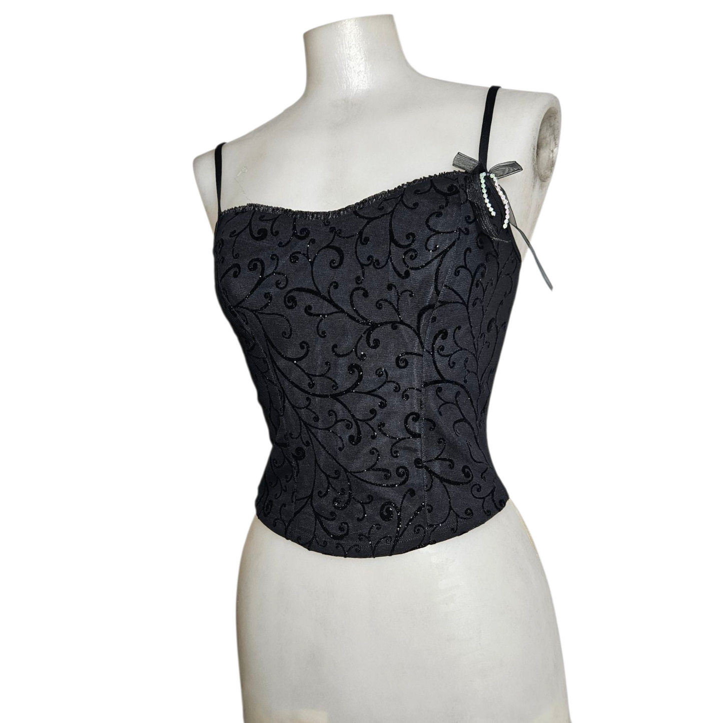 Corset-style top with a velvet pattern