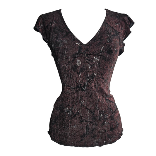Haut col V motif floral sombre