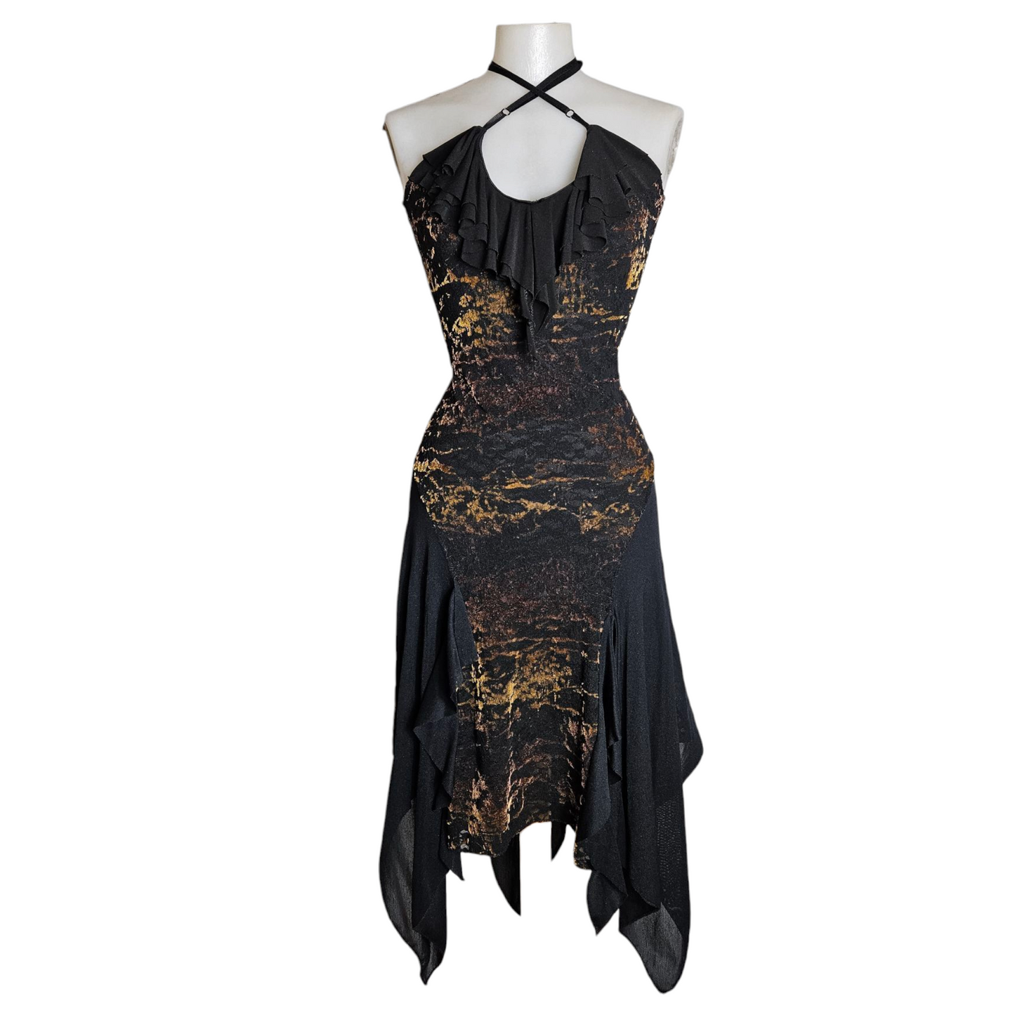 Asymmetrical dress with velvet patterns