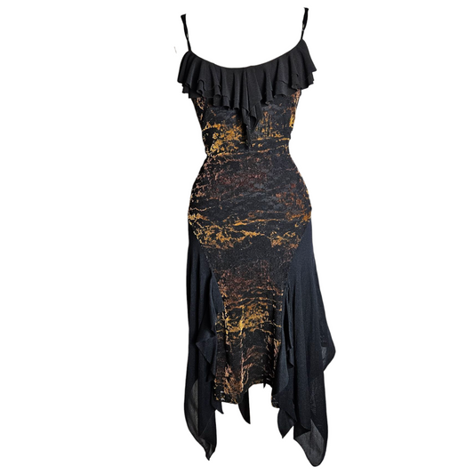 Asymmetrical dress with velvet patterns