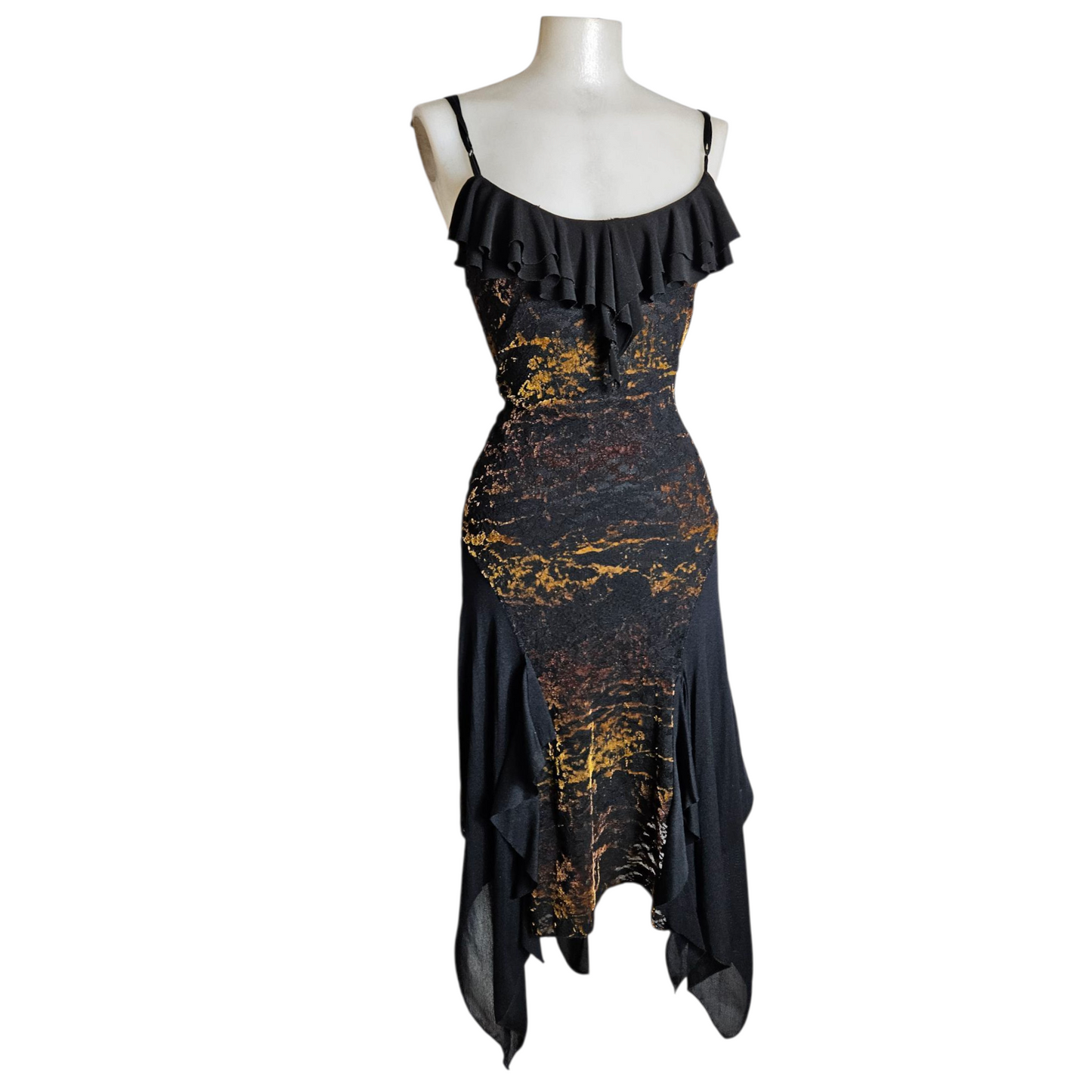 Asymmetrical dress with velvet patterns