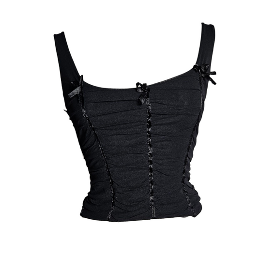 Pleated voile top with ribbon details