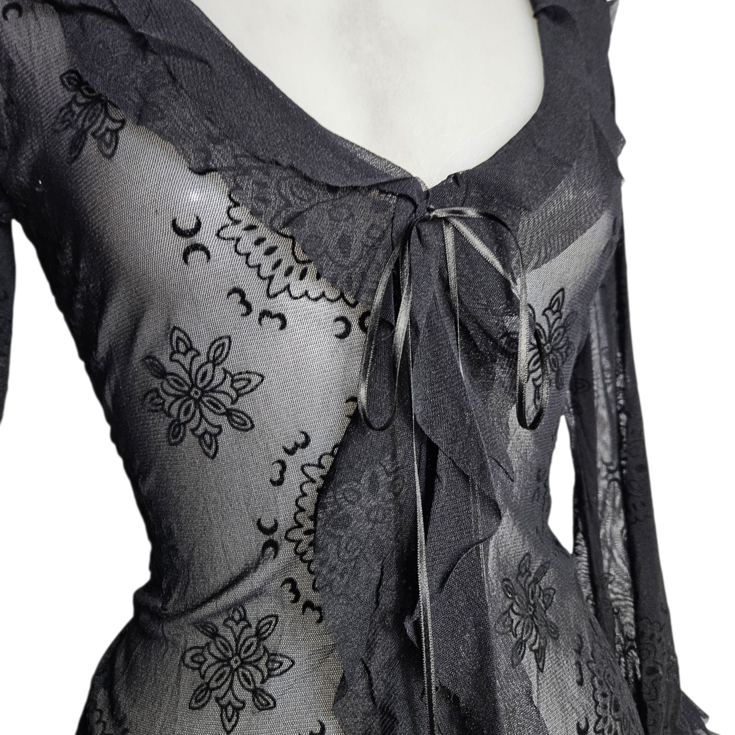 Black voile top with floral ruffles