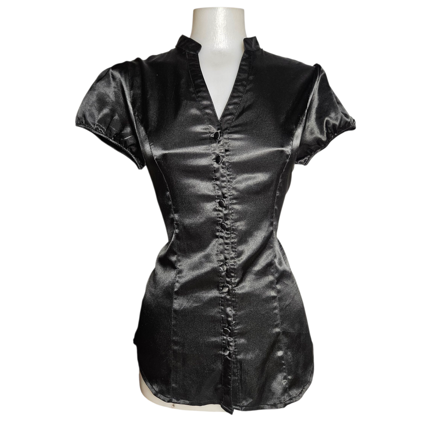 Black satin short-sleeved shirt