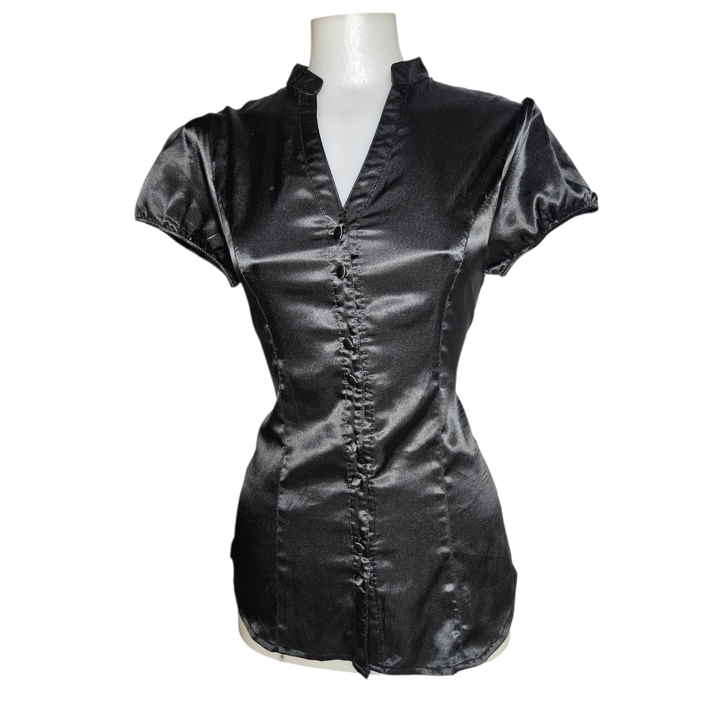 Black satin short-sleeved shirt