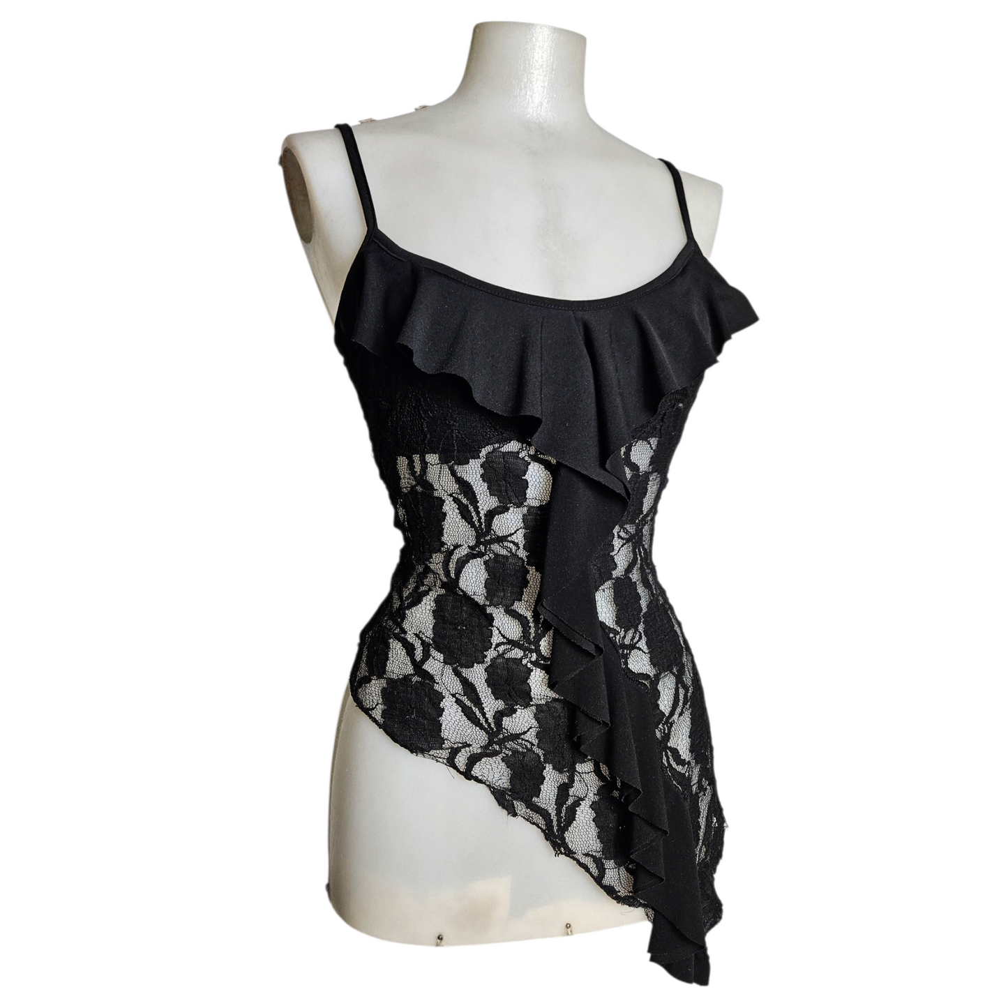 Black lace asymmetrical tank top