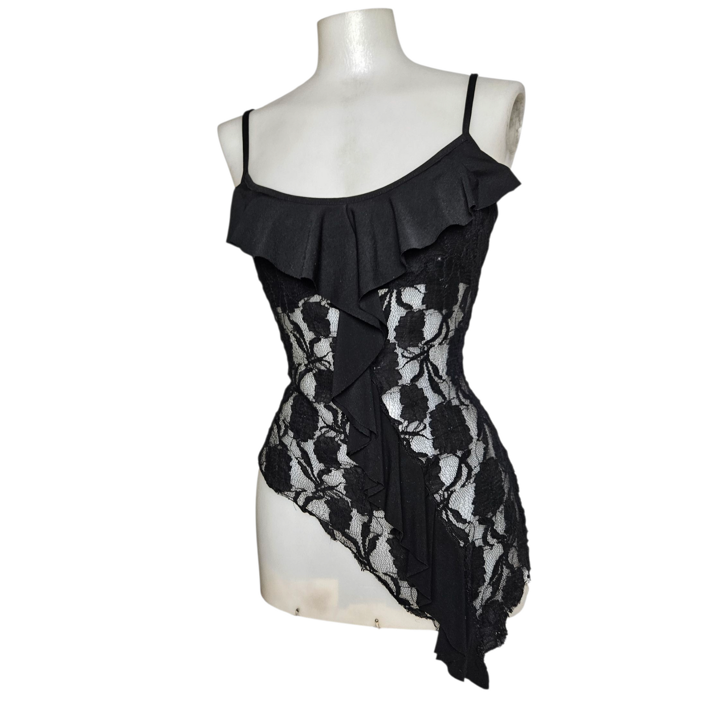 Black lace asymmetrical tank top