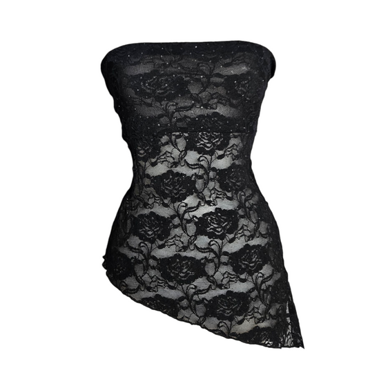 Black lace asymmetric strapless top