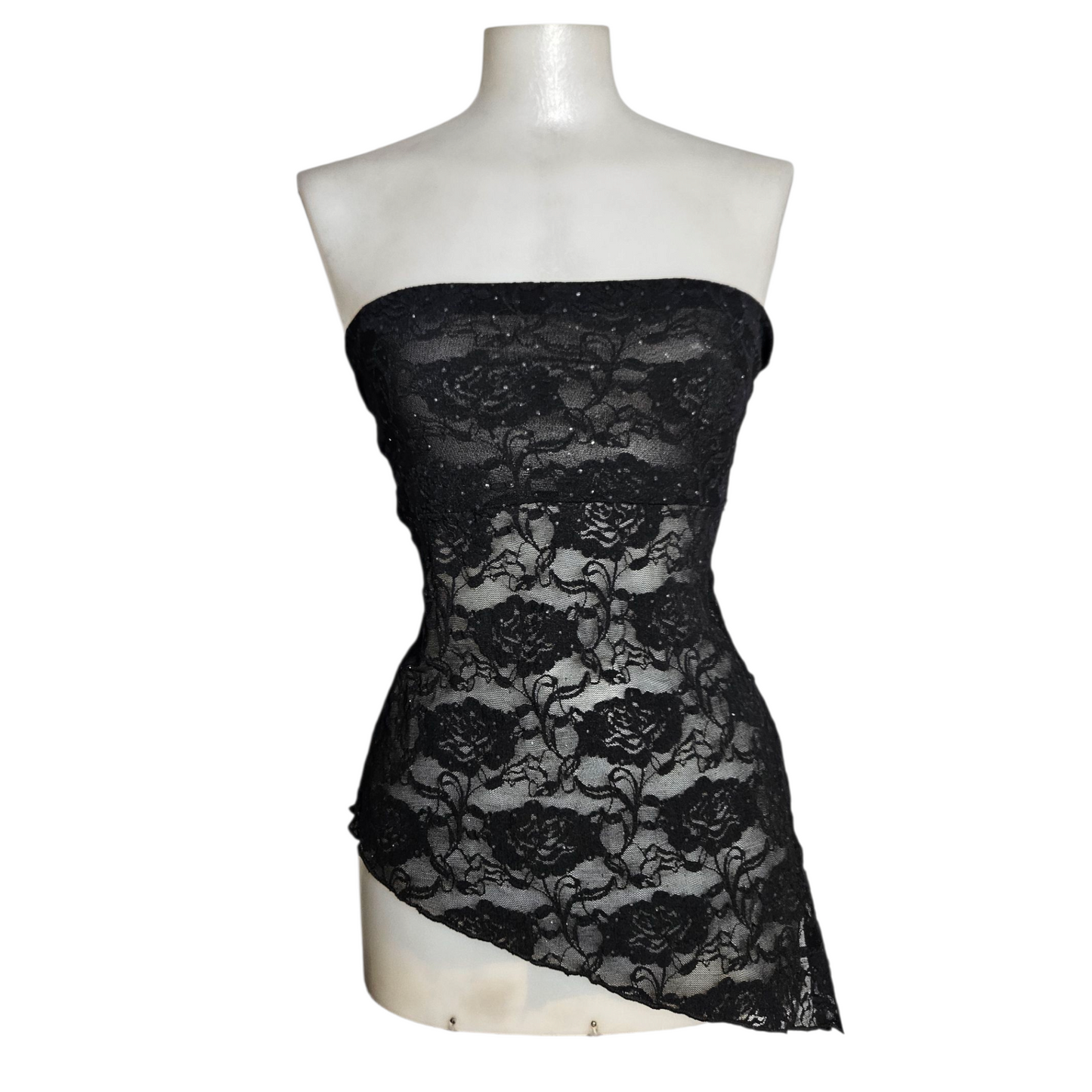 Black lace asymmetric strapless top