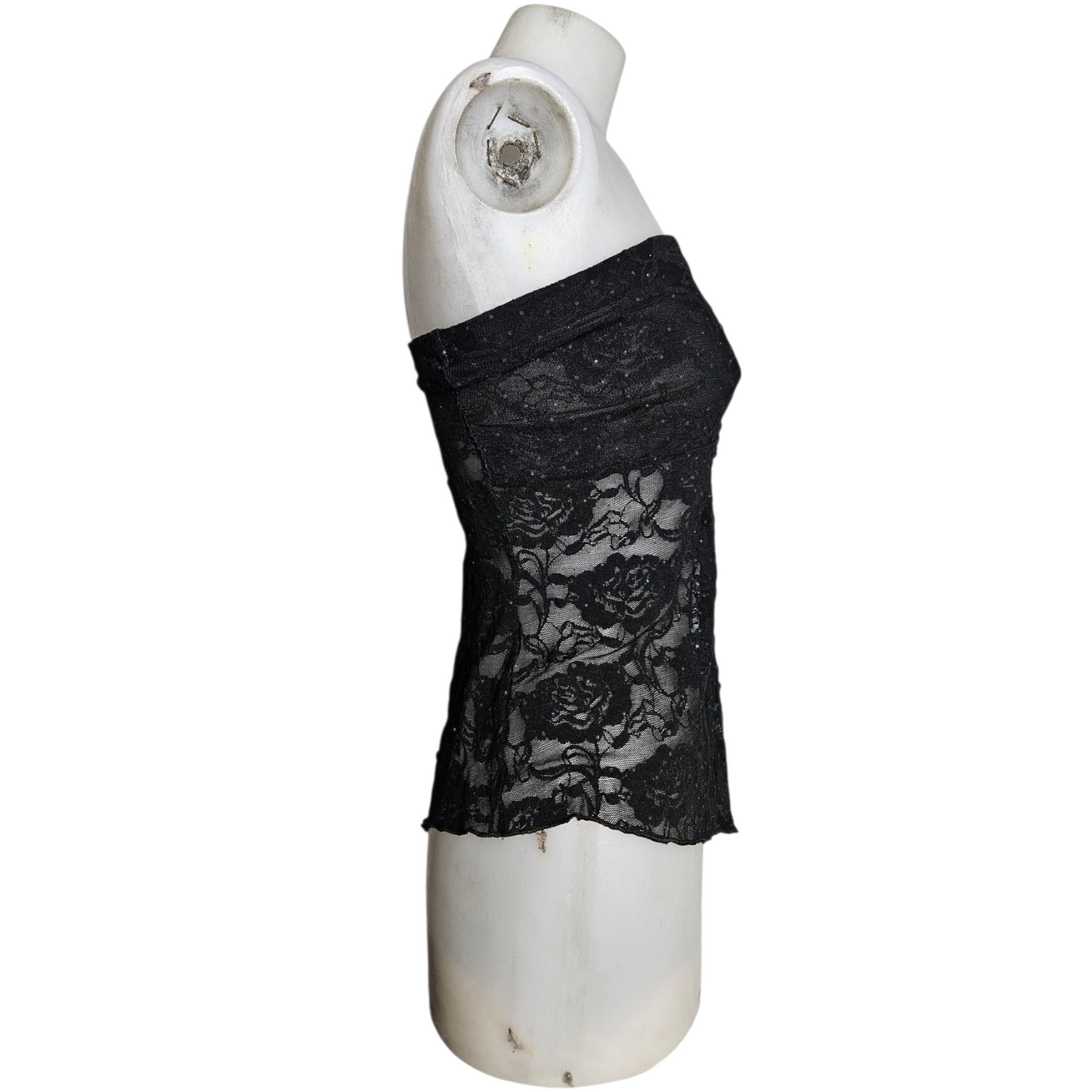 Black lace asymmetric strapless top