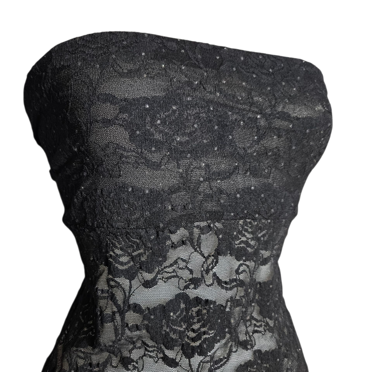Black lace asymmetric strapless top