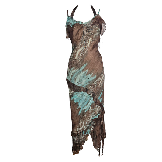 Tie-dye summer dress in blue and brown tones