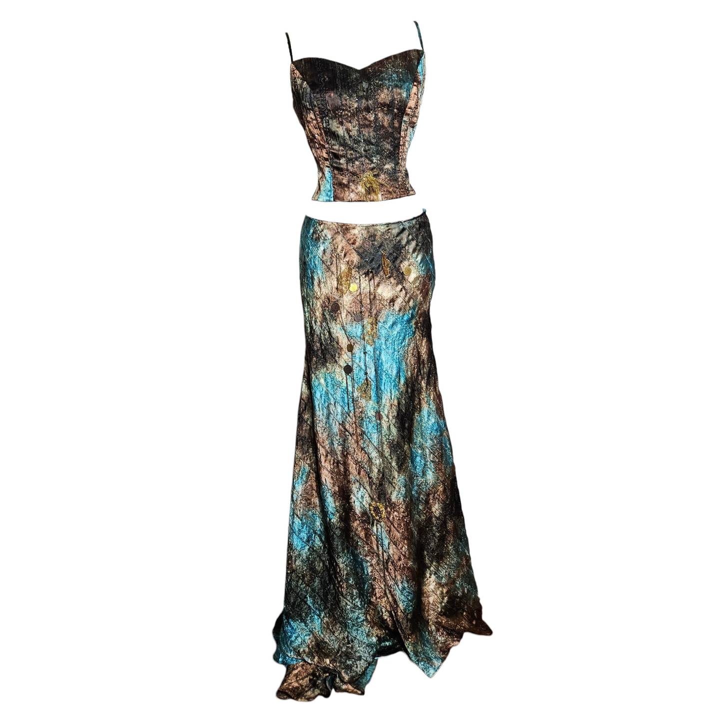 Ensemble de soirée brodé tie and Dye bleu et vert