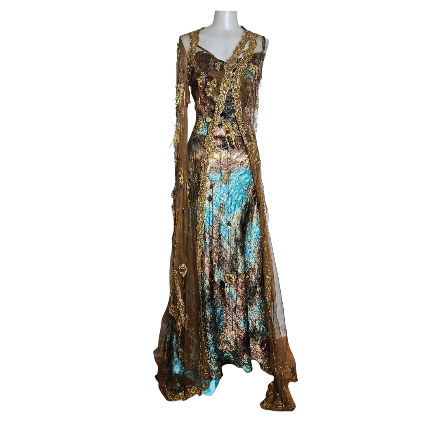Ensemble de soirée brodé tie and Dye bleu et vert