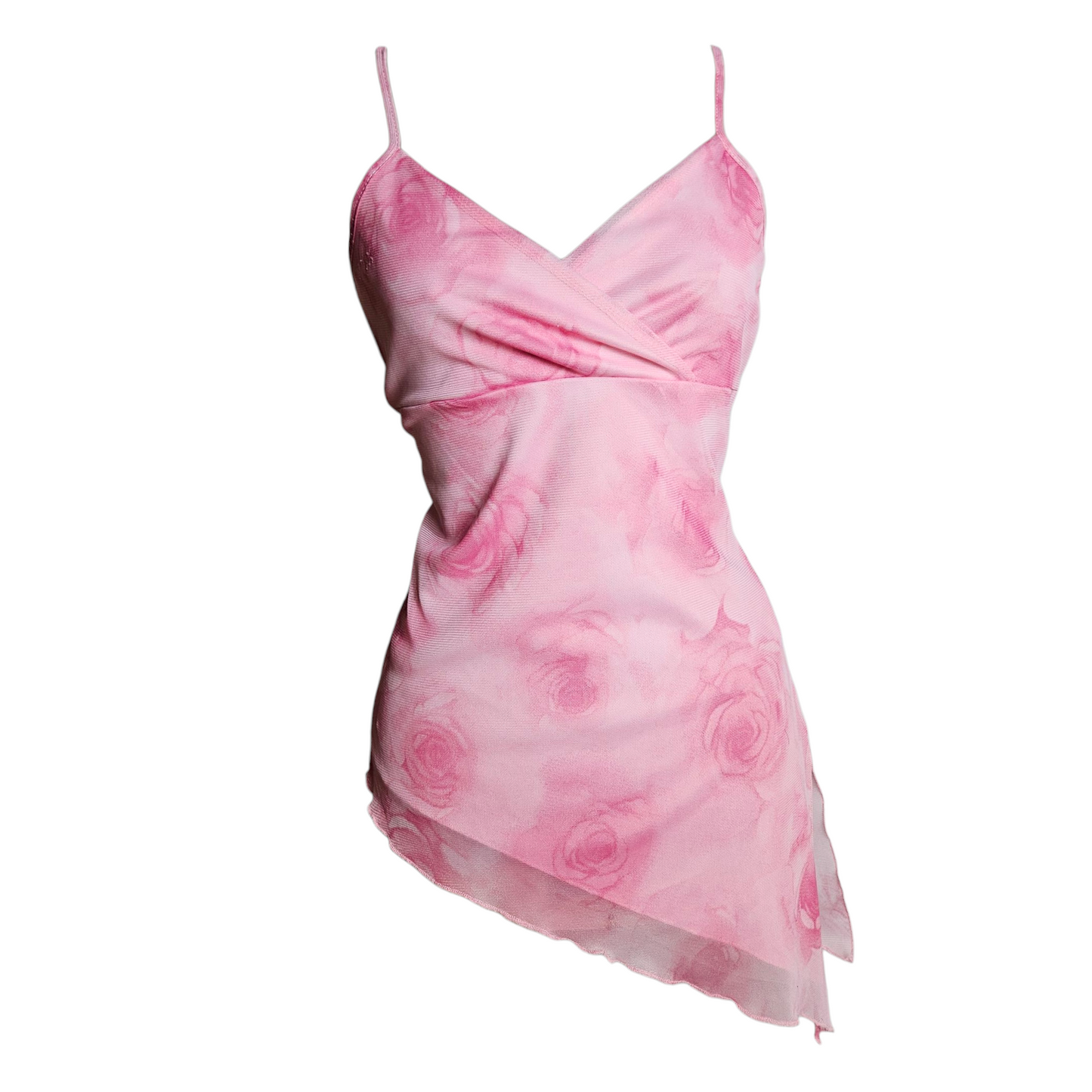 Haut asymétrique en voile rose fleuri