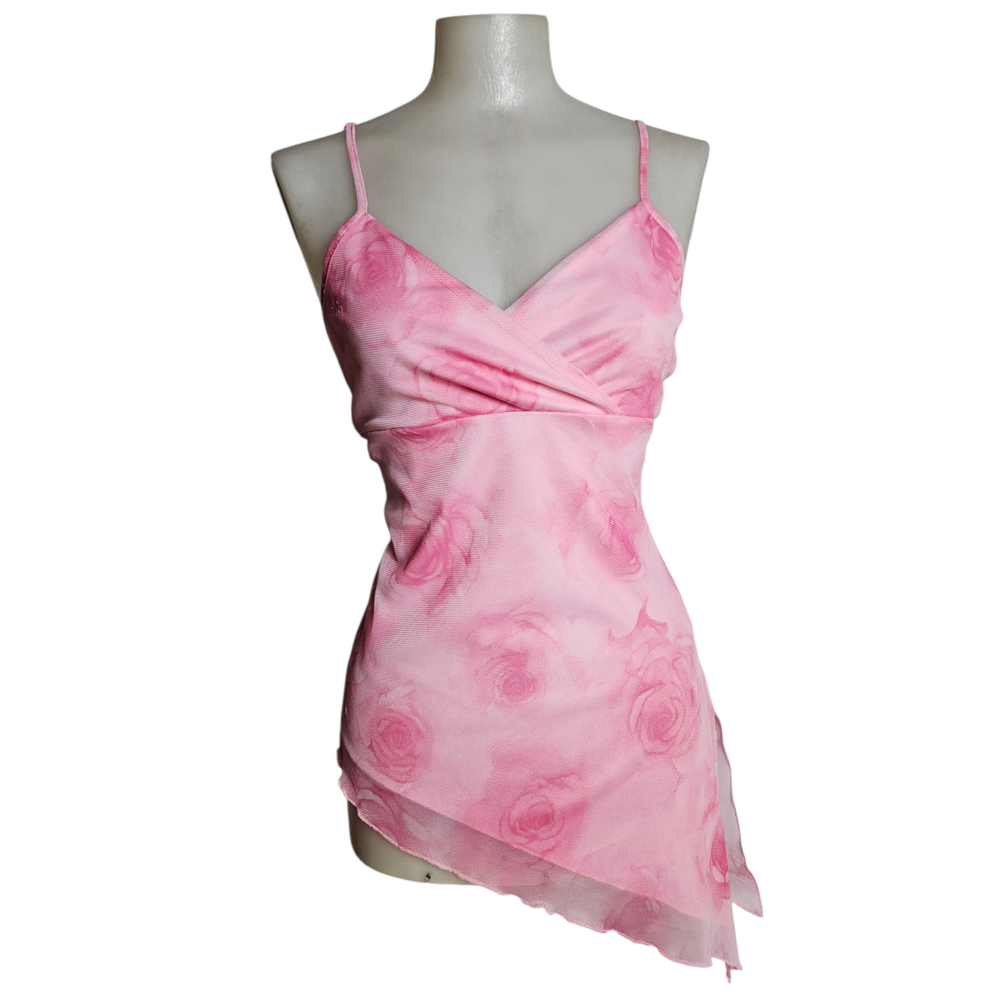 Haut asymétrique en voile rose fleuri