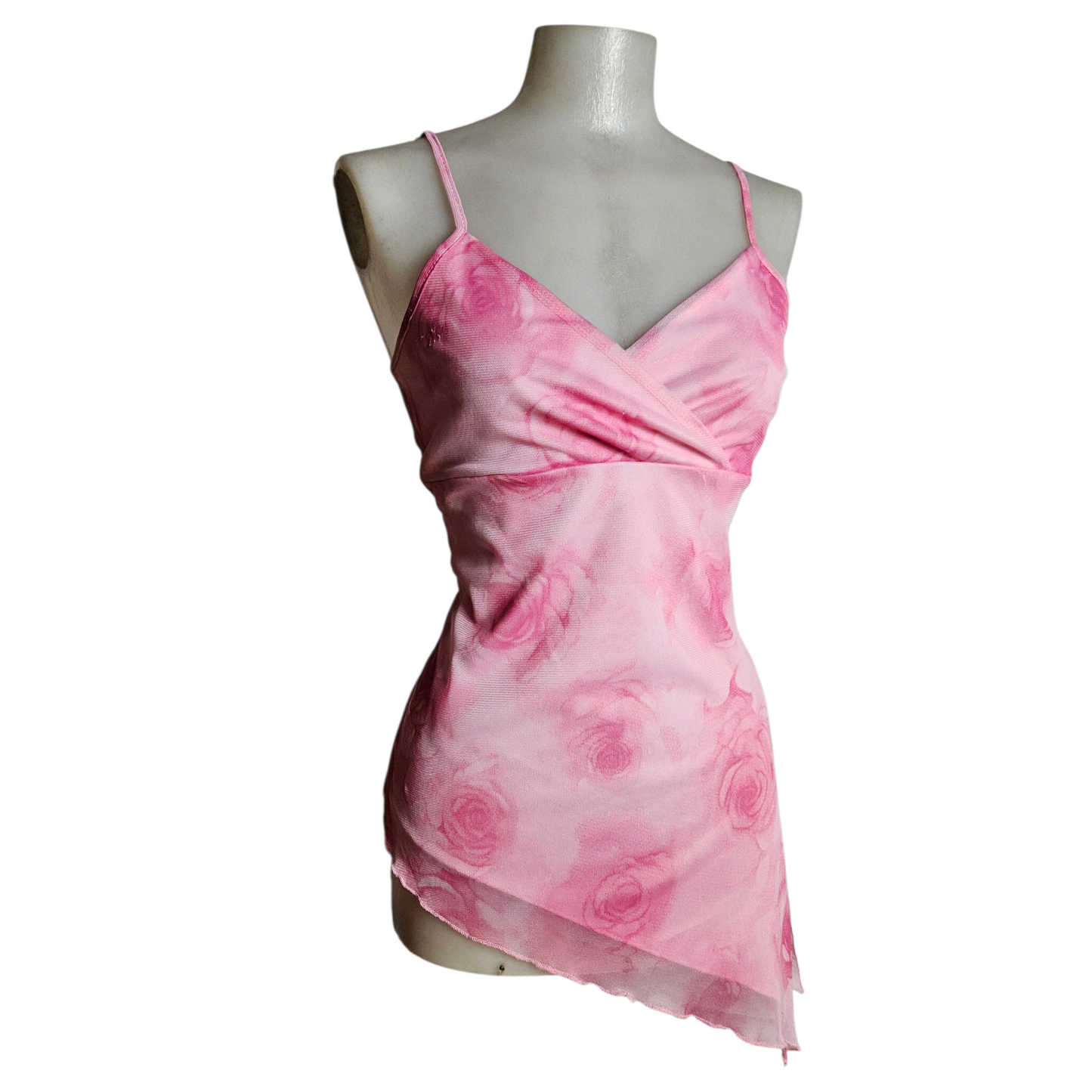 Haut asymétrique en voile rose fleuri