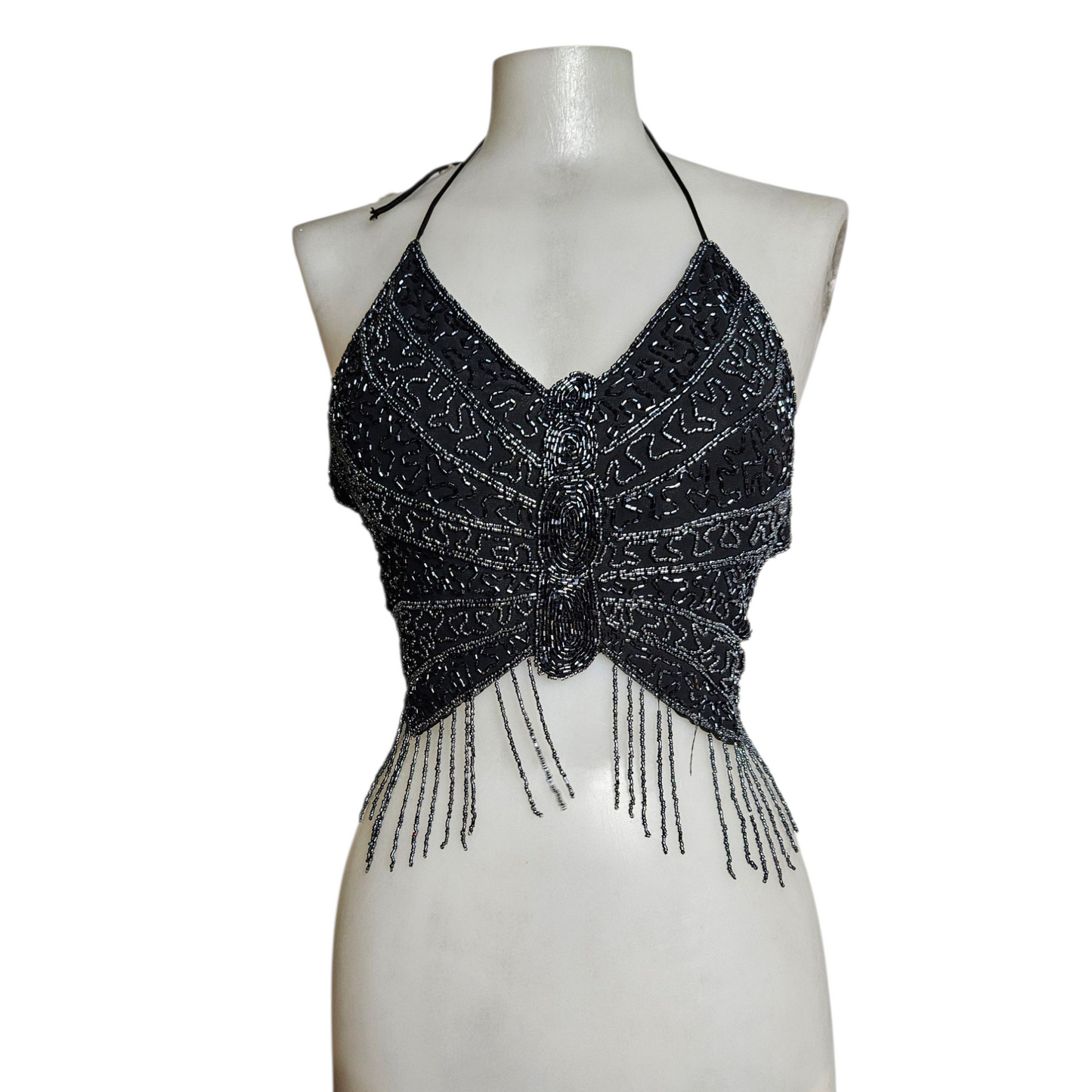 Haut papillon brodé de perles noir