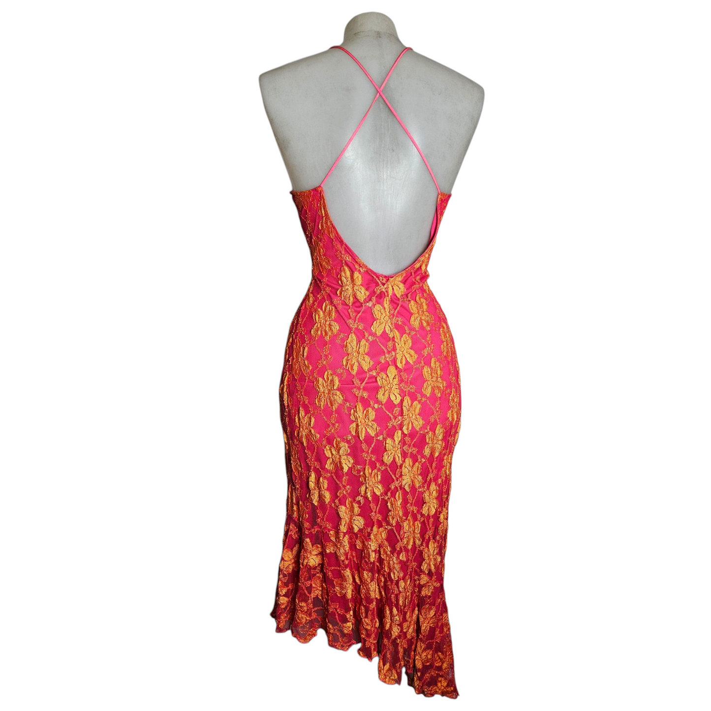 Robe dos nu en dentelle florale rose et orange