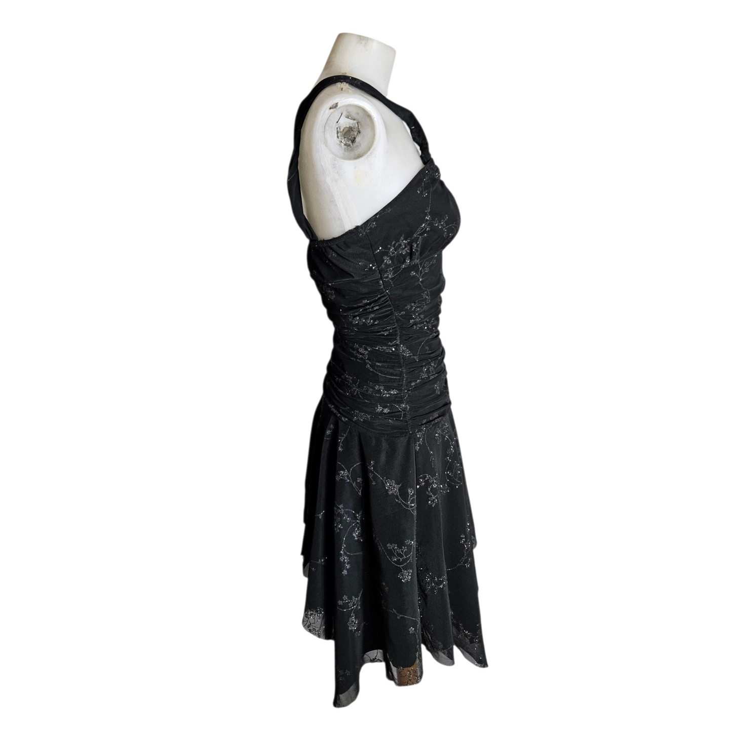 Robe asymétrique motif floral argenté