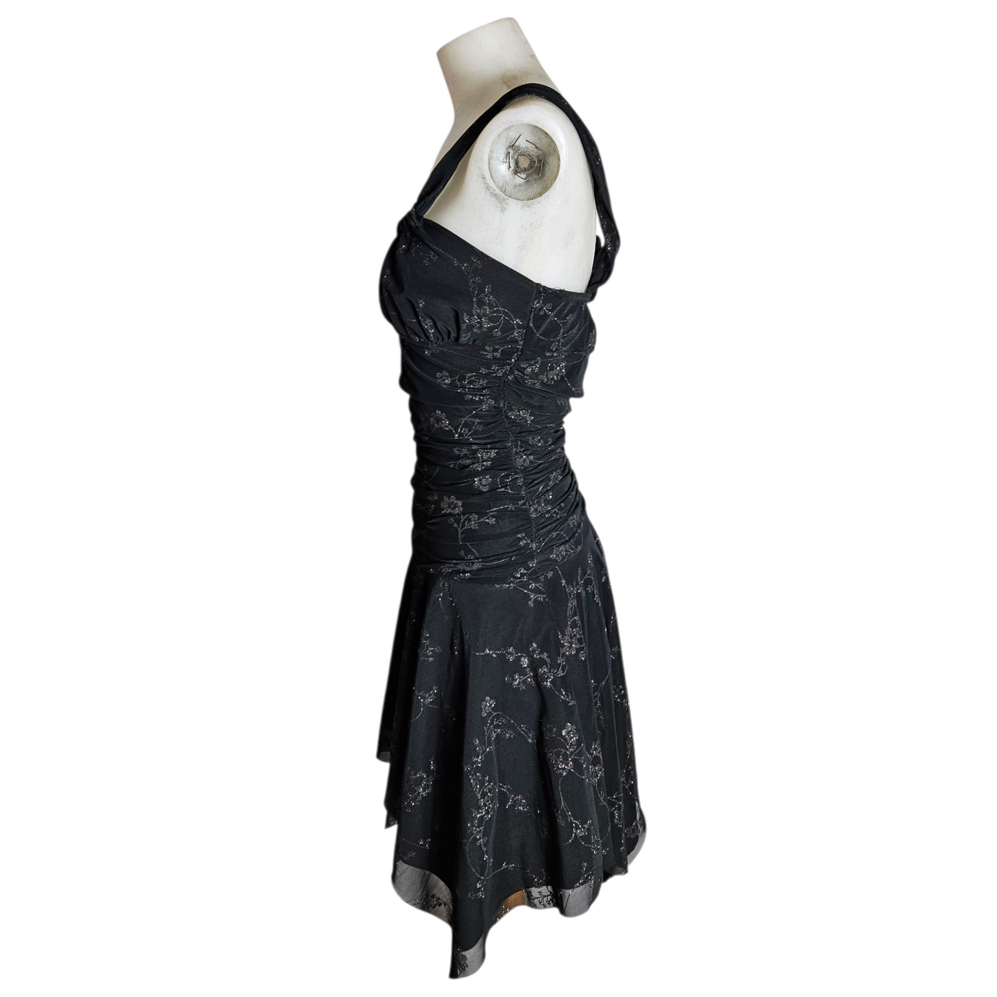 Robe asymétrique motif floral argenté