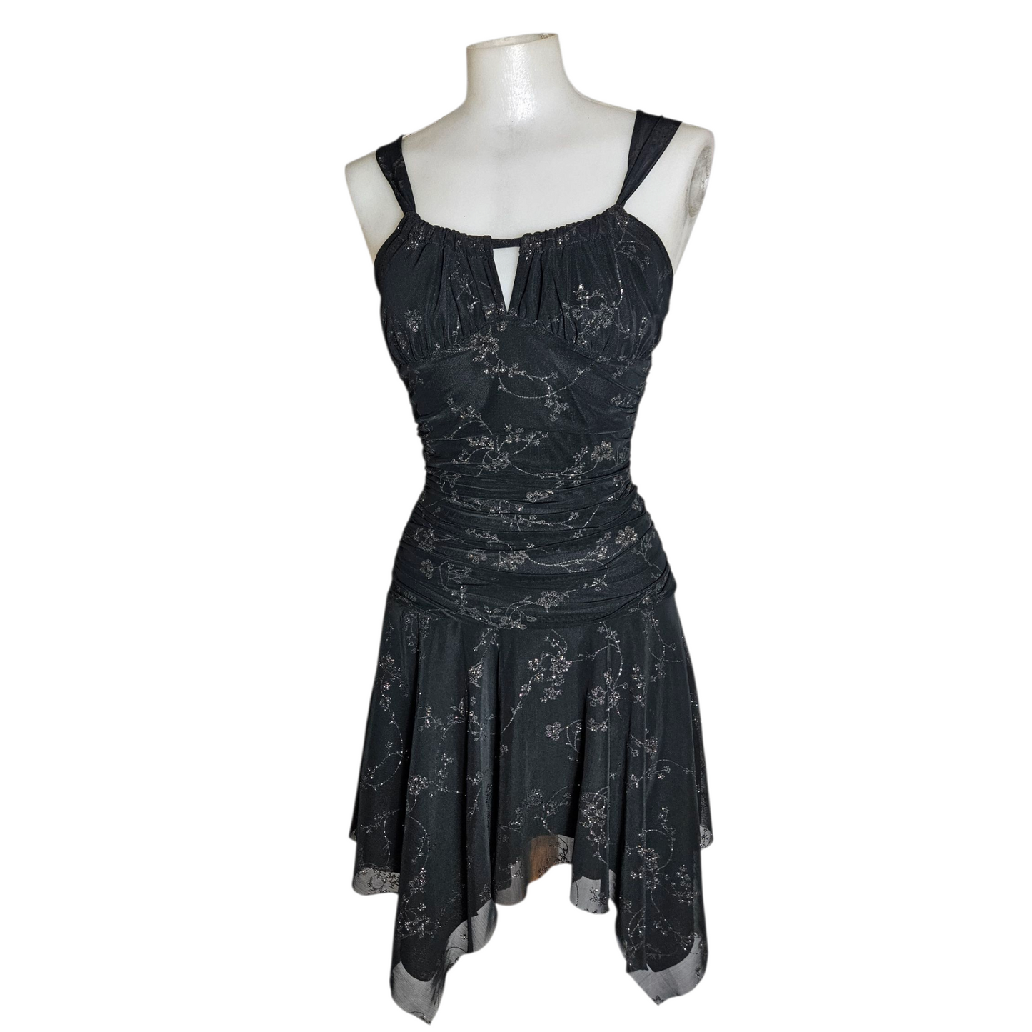 Robe asymétrique motif floral argenté
