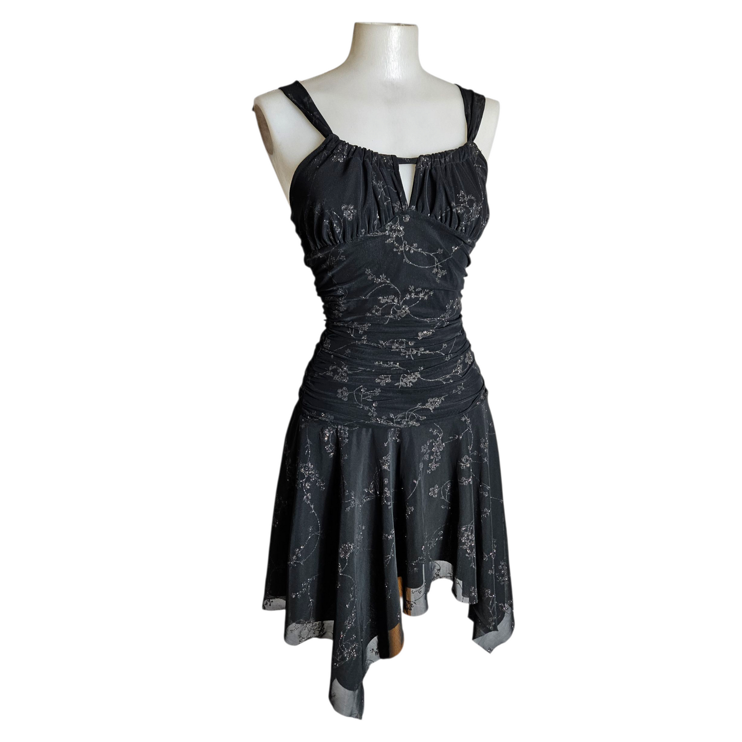 Robe asymétrique motif floral argenté