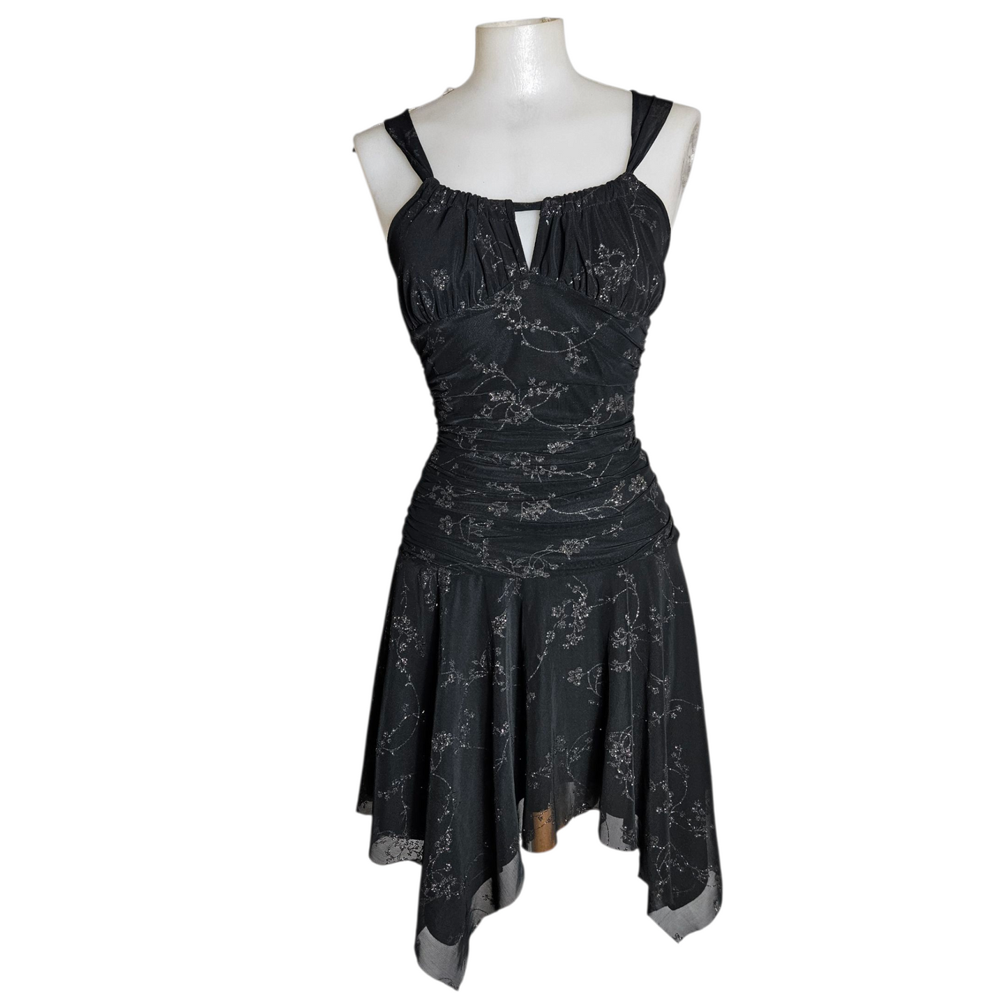 Robe asymétrique motif floral argenté