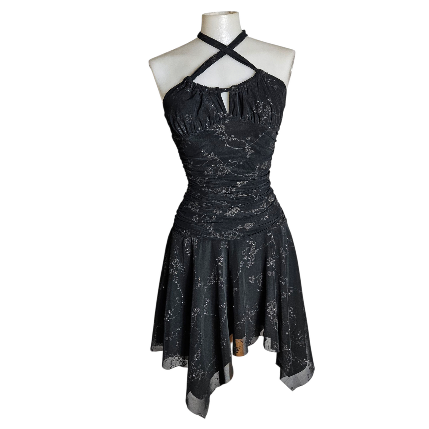 Robe asymétrique motif floral argenté