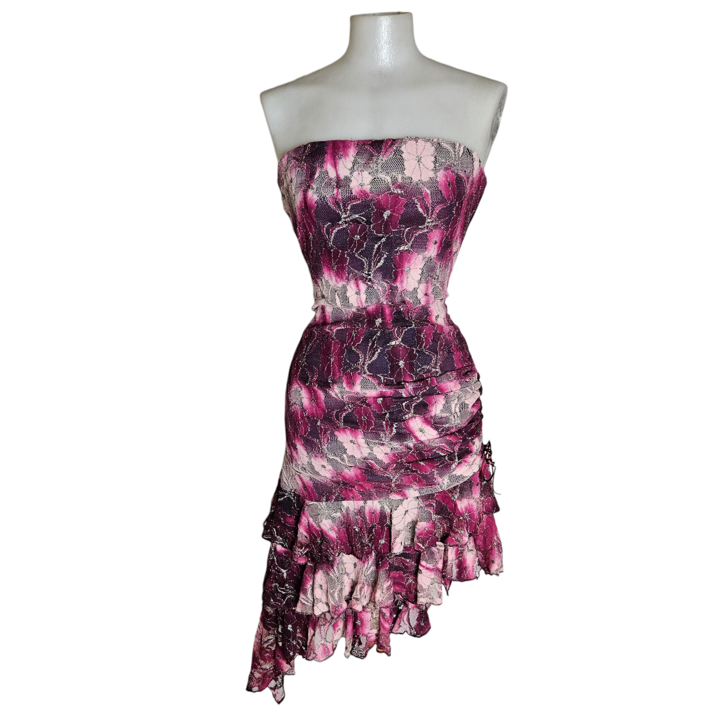Robe strapless dentelle violette et rose