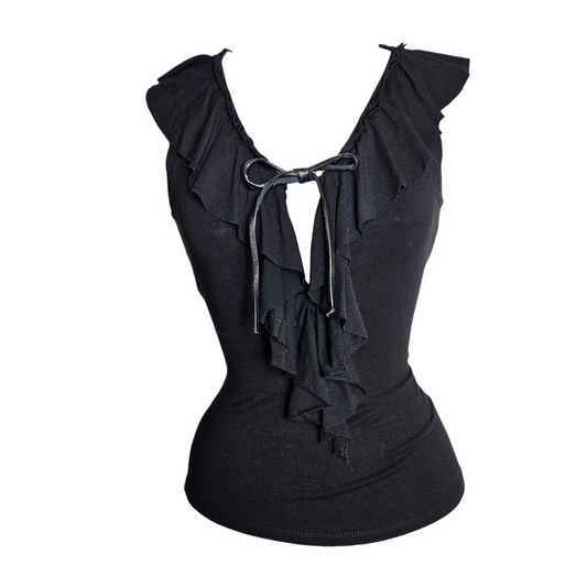 Black top with ruffled collar