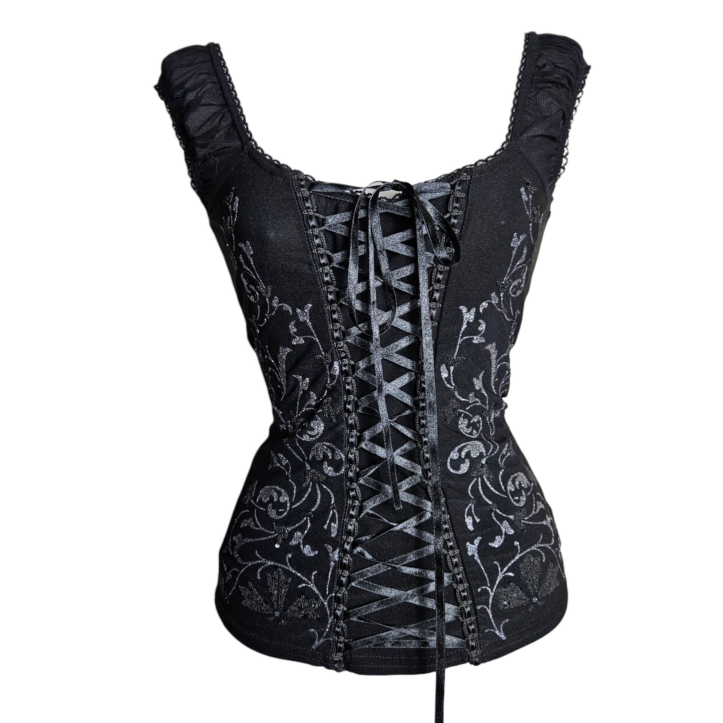 Lace-up top decorated with silver arabesques