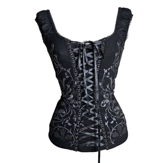 Lace-up top decorated with silver arabesques
