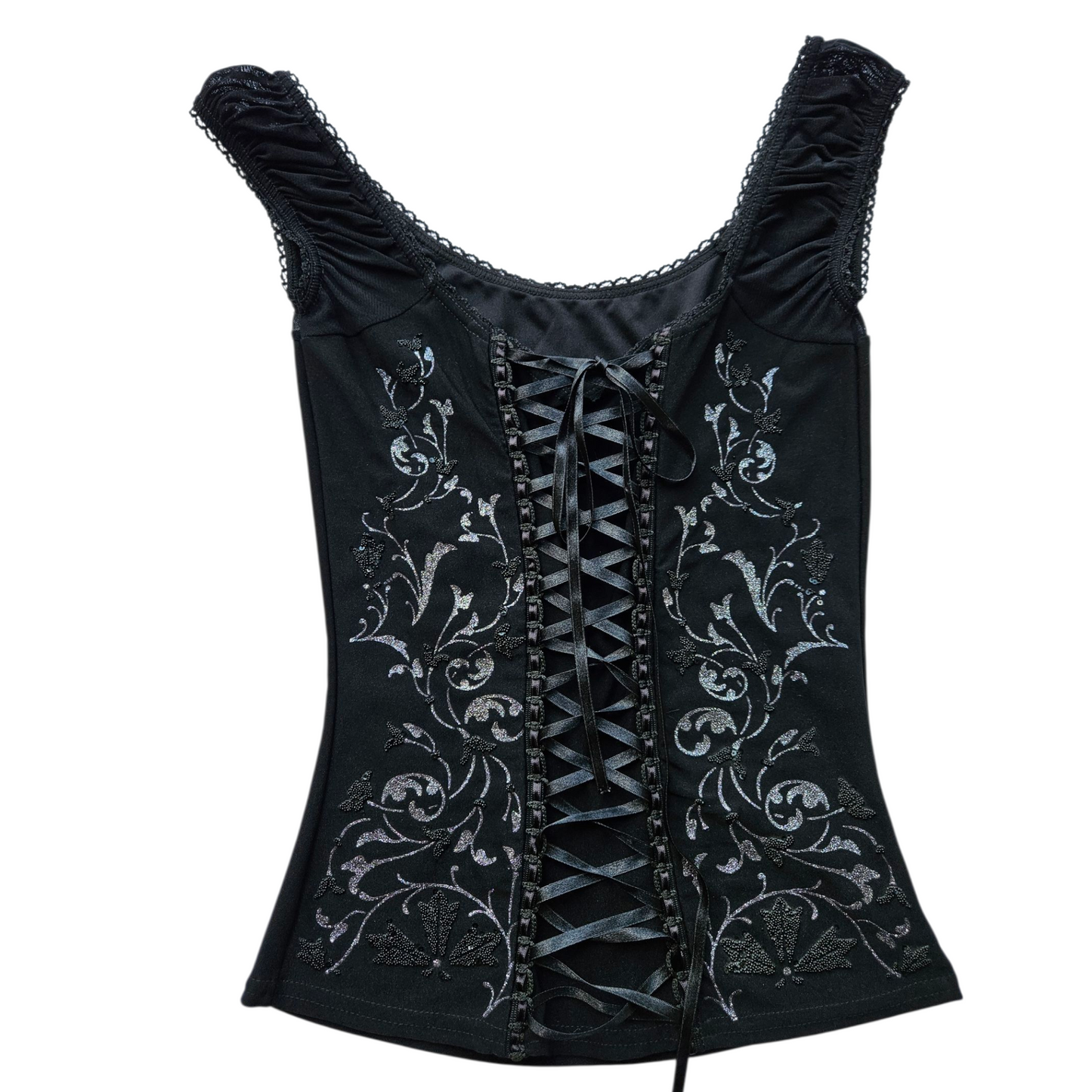 Lace-up top decorated with silver arabesques