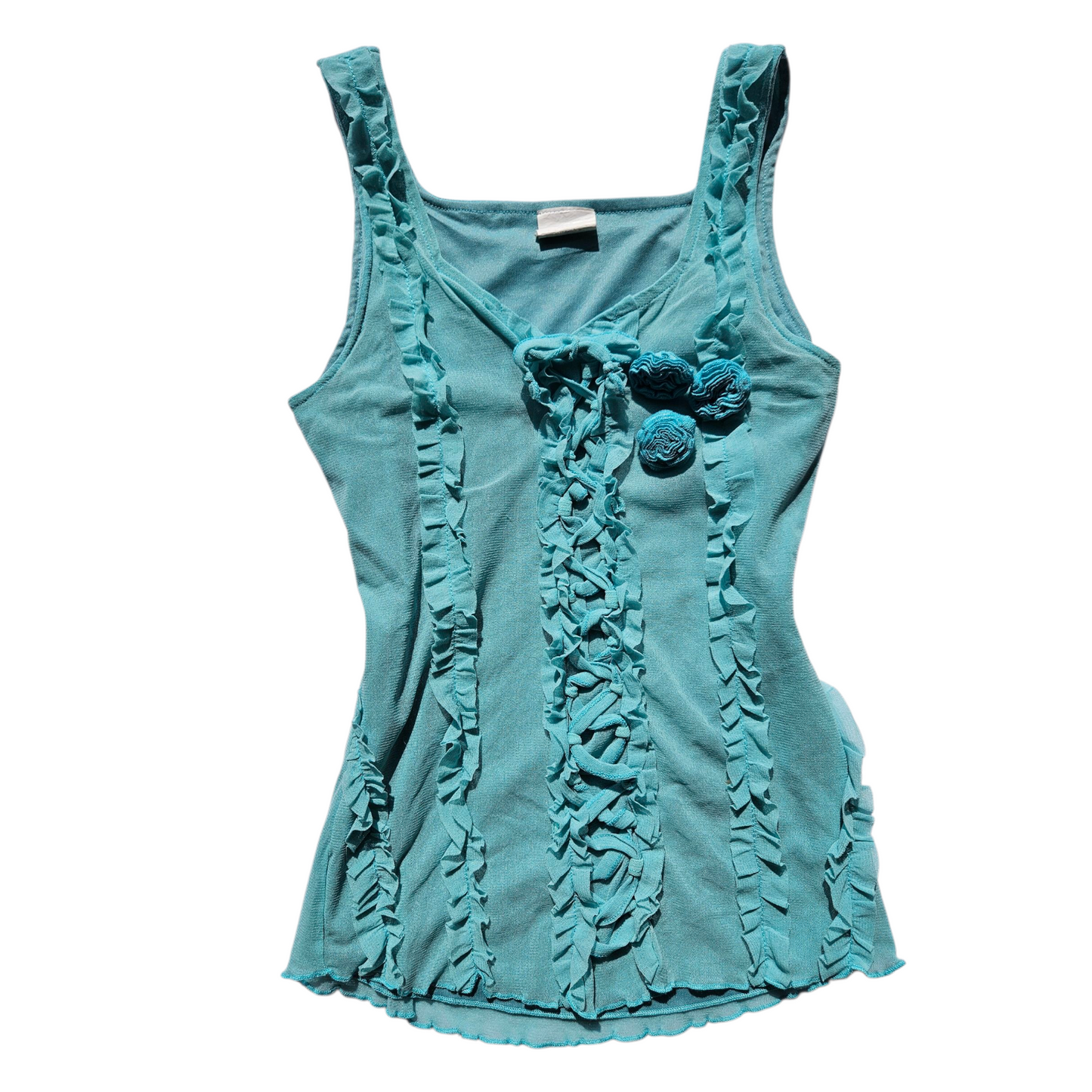 Haut en voile bleu détail laçage et fleurs