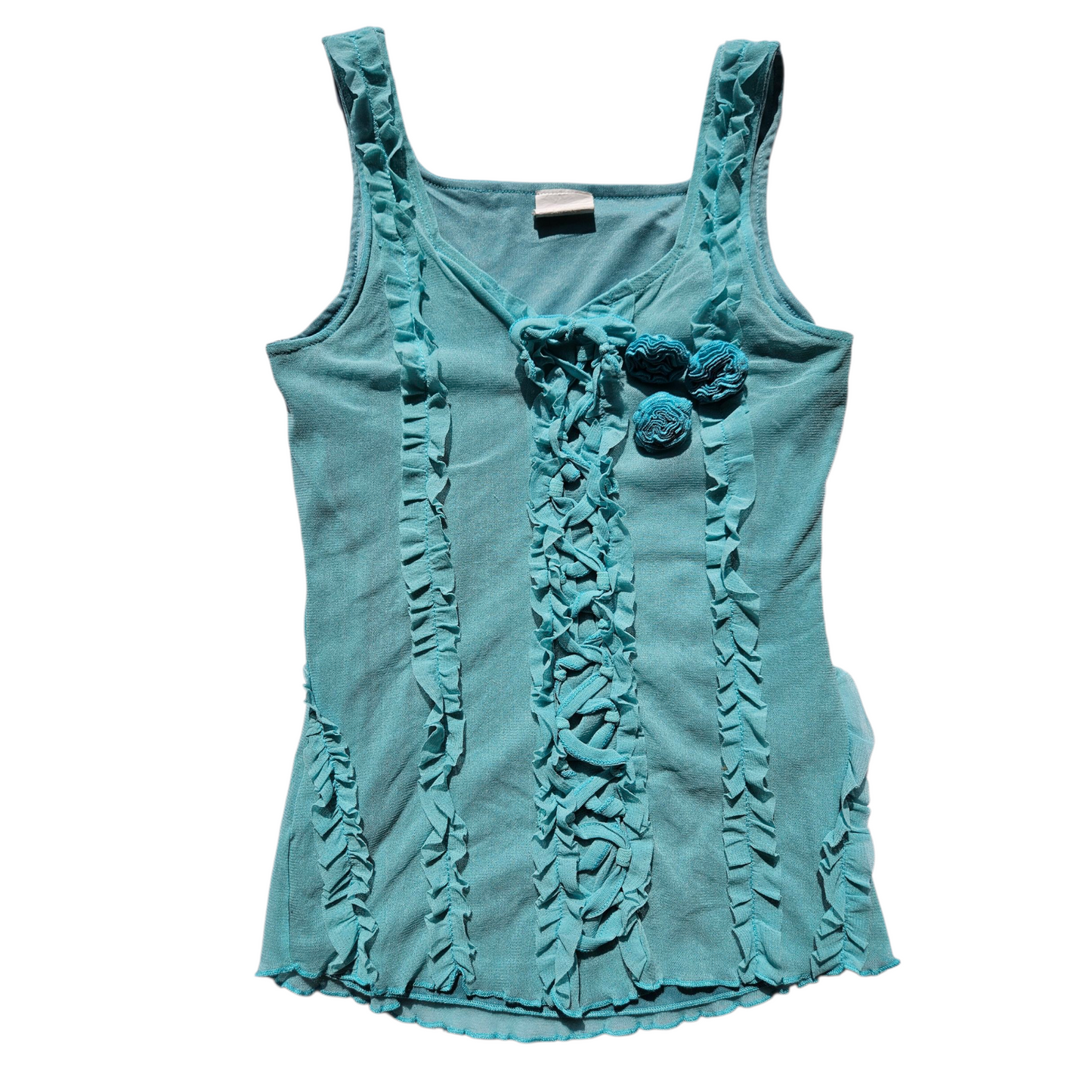 Haut en voile bleu détail laçage et fleurs