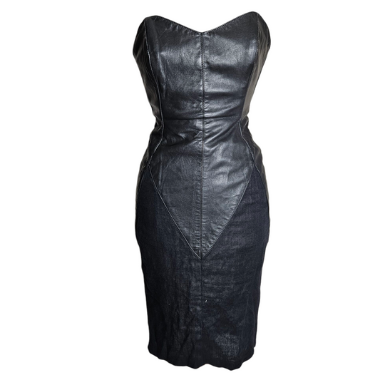 Leather and linen strapless dress