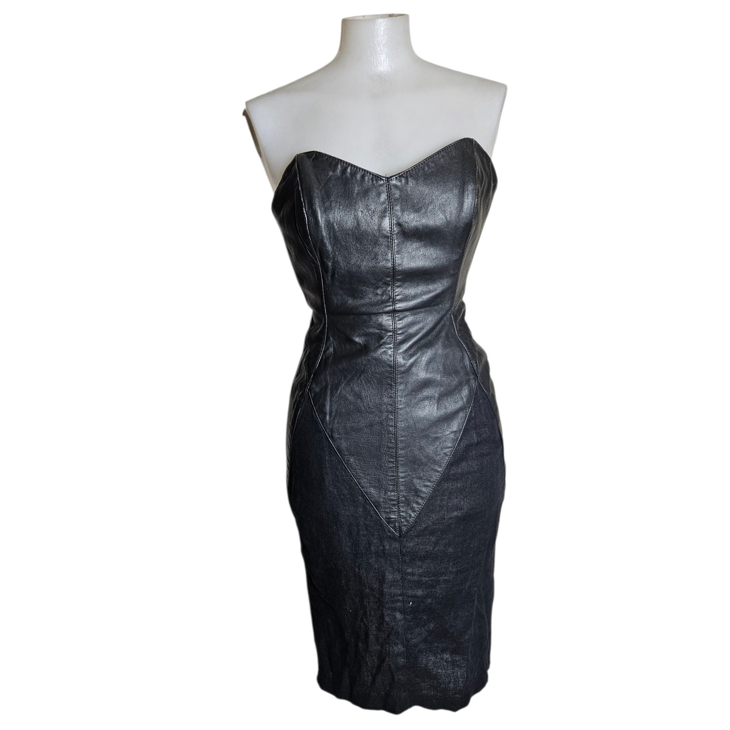 Leather and linen strapless dress