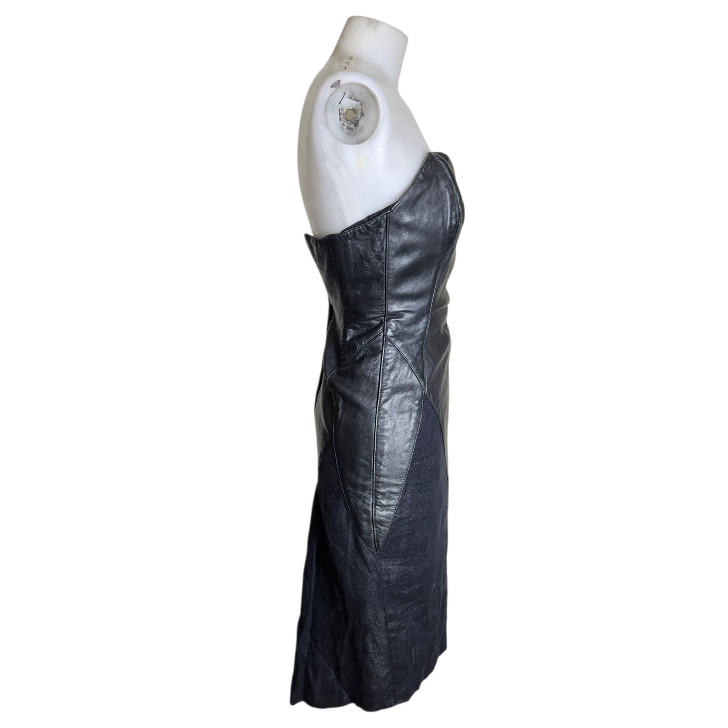 Leather and linen strapless dress