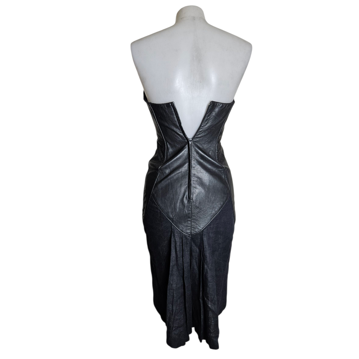 Leather and linen strapless dress
