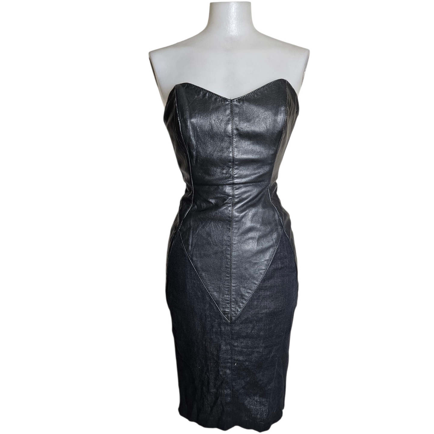 Leather and linen strapless dress