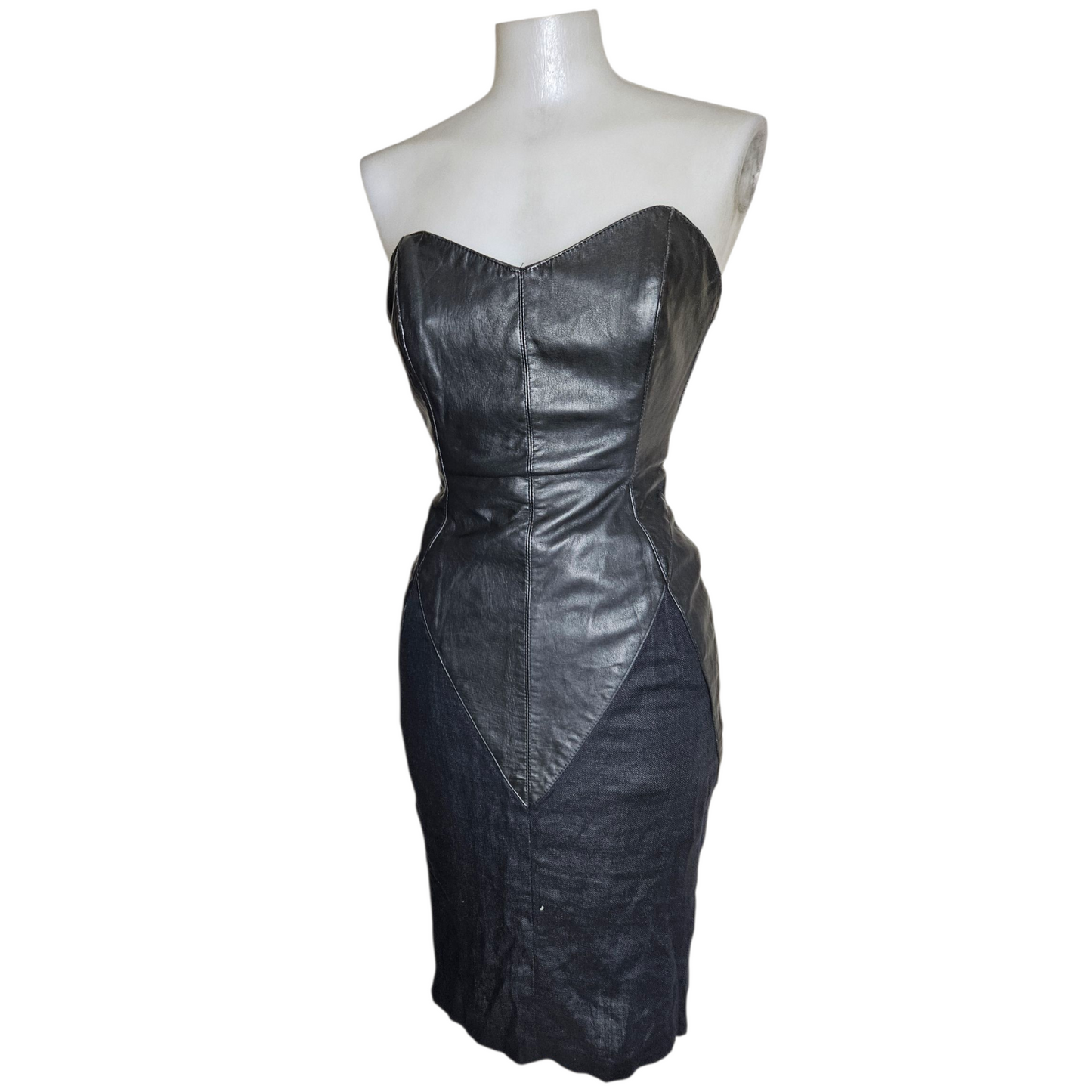 Leather and linen strapless dress