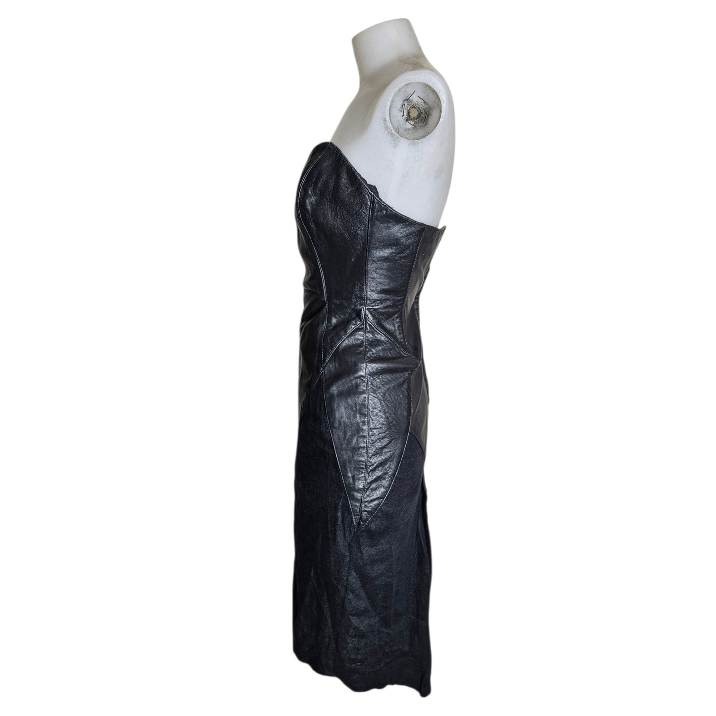 Leather and linen strapless dress